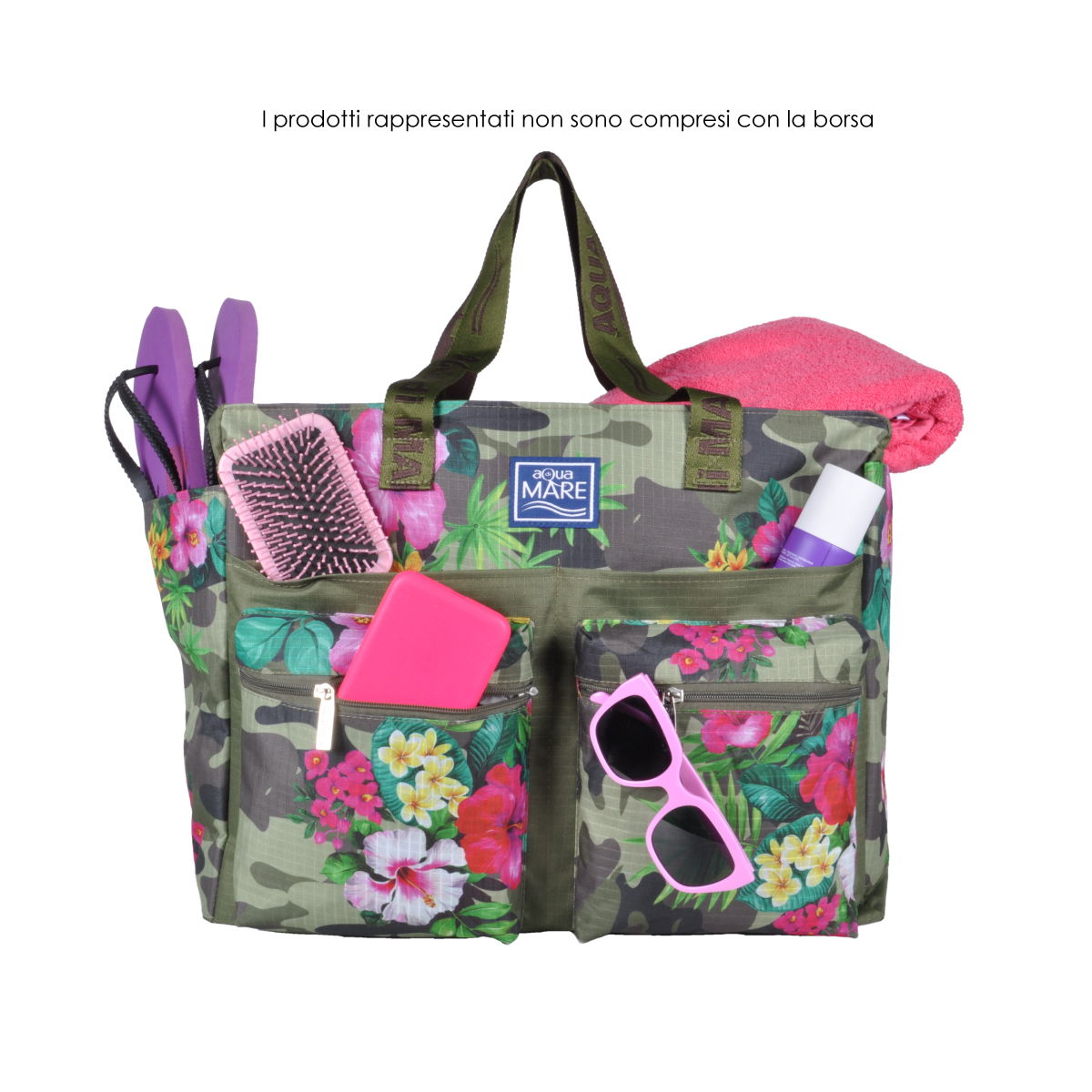 Borsa Mare Rib Stop Quadrata Fantasia Camo E Fiori 100%pl Aqua Di Mare - Imma Italy