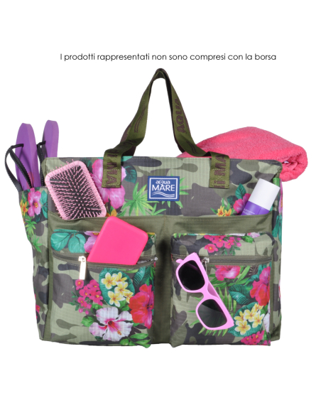 Borsa Mare Rib Stop Quadrata Fantasia Camo E Fiori 100%pl Aqua Di Mare - Imma Italy