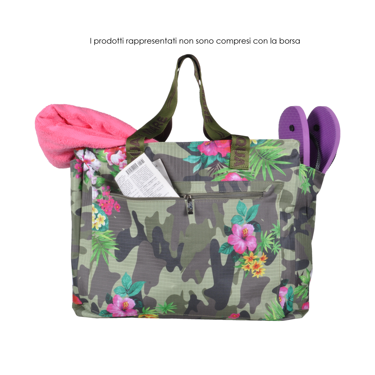Borsa Mare Rib Stop Quadrata Fantasia Camo E Fiori 100%pl Aqua Di Mare - Imma Italy