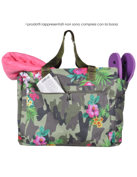 Borsa Mare Rib Stop Quadrata Fantasia Camo E Fiori 100%pl Aqua Di Mare - Imma Italy