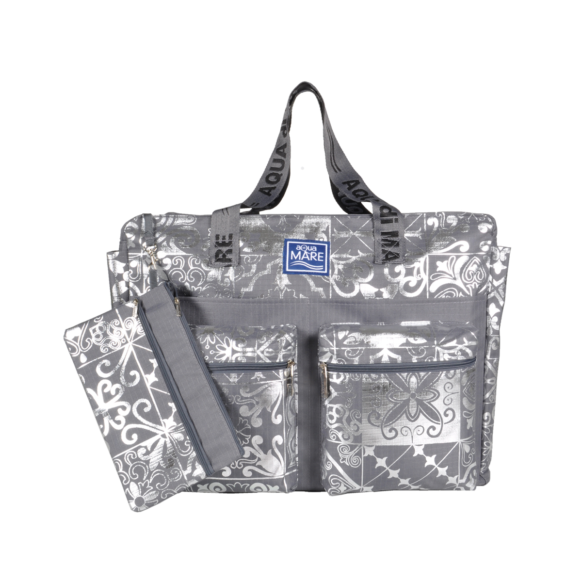 BORSA MARE RIB STOP QUADRATA DIS.MAIOLICHE ARGENTO 100%PL AQUA DI MARE