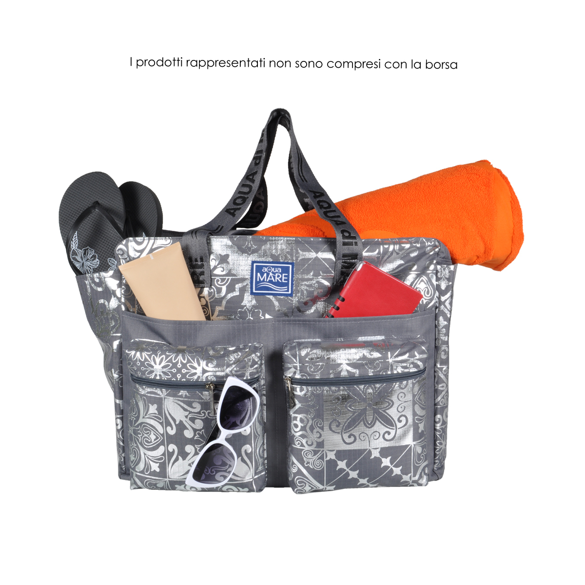 BORSA MARE RIB STOP QUADRATA DIS.MAIOLICHE ARGENTO 100%PL AQUA DI MARE