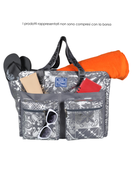 BORSA MARE RIB STOP QUADRATA DIS.MAIOLICHE ARGENTO 100%PL AQUA DI MARE