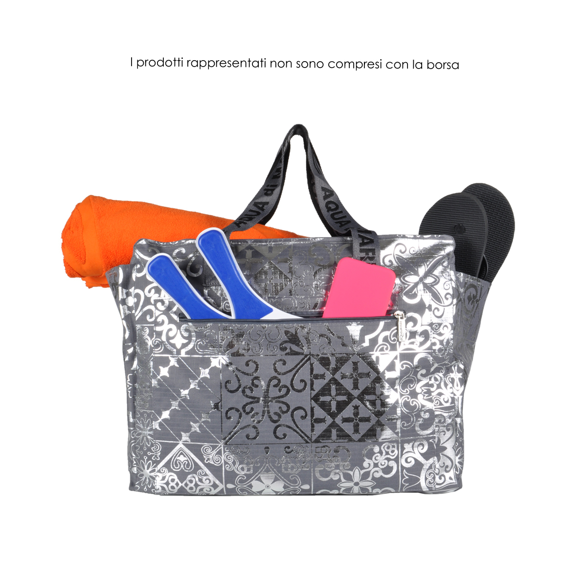 BORSA MARE RIB STOP QUADRATA DIS.MAIOLICHE ARGENTO 100%PL AQUA DI MARE
