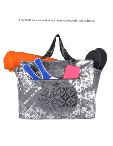 BORSA MARE RIB STOP QUADRATA DIS.MAIOLICHE ARGENTO 100%PL AQUA DI MARE