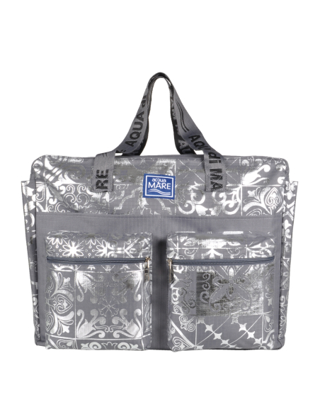 BORSA MARE RIB STOP QUADRATA DIS.MAIOLICHE ARGENTO 100%PL AQUA DI MARE