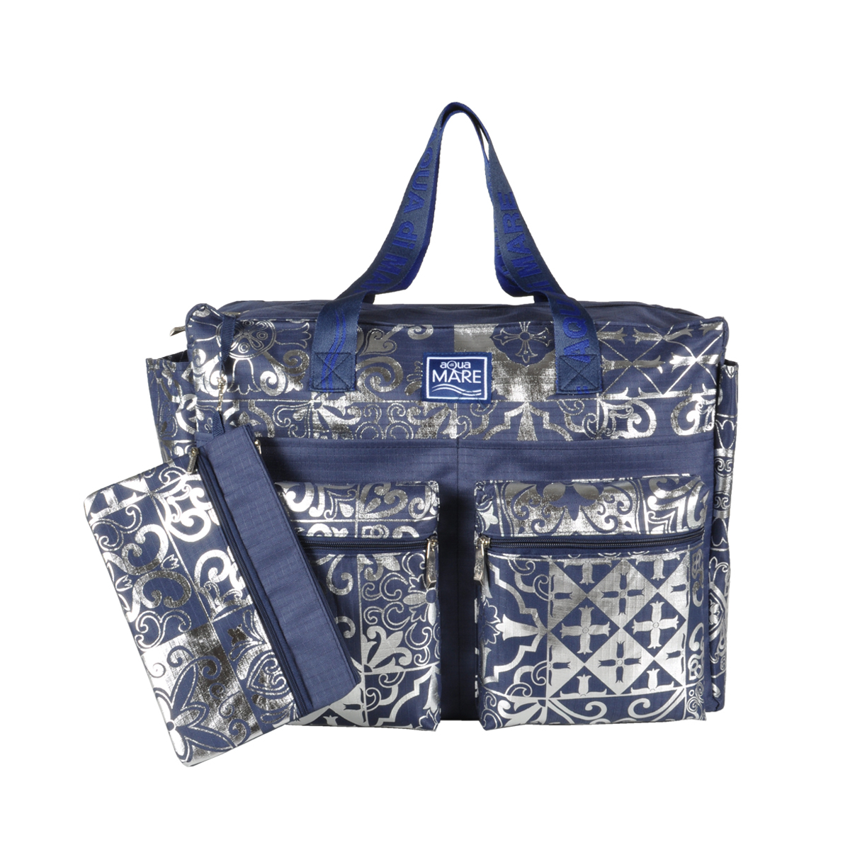 BORSA MARE RIB STOP QUADRATA DIS.MAIOLICHE ARGENTO 100%PL AQUA DI MARE