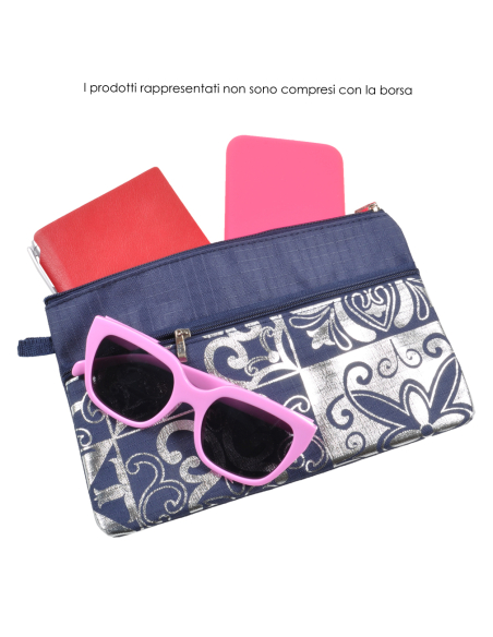 BORSA MARE RIB STOP QUADRATA DIS.MAIOLICHE ARGENTO 100%PL AQUA DI MARE