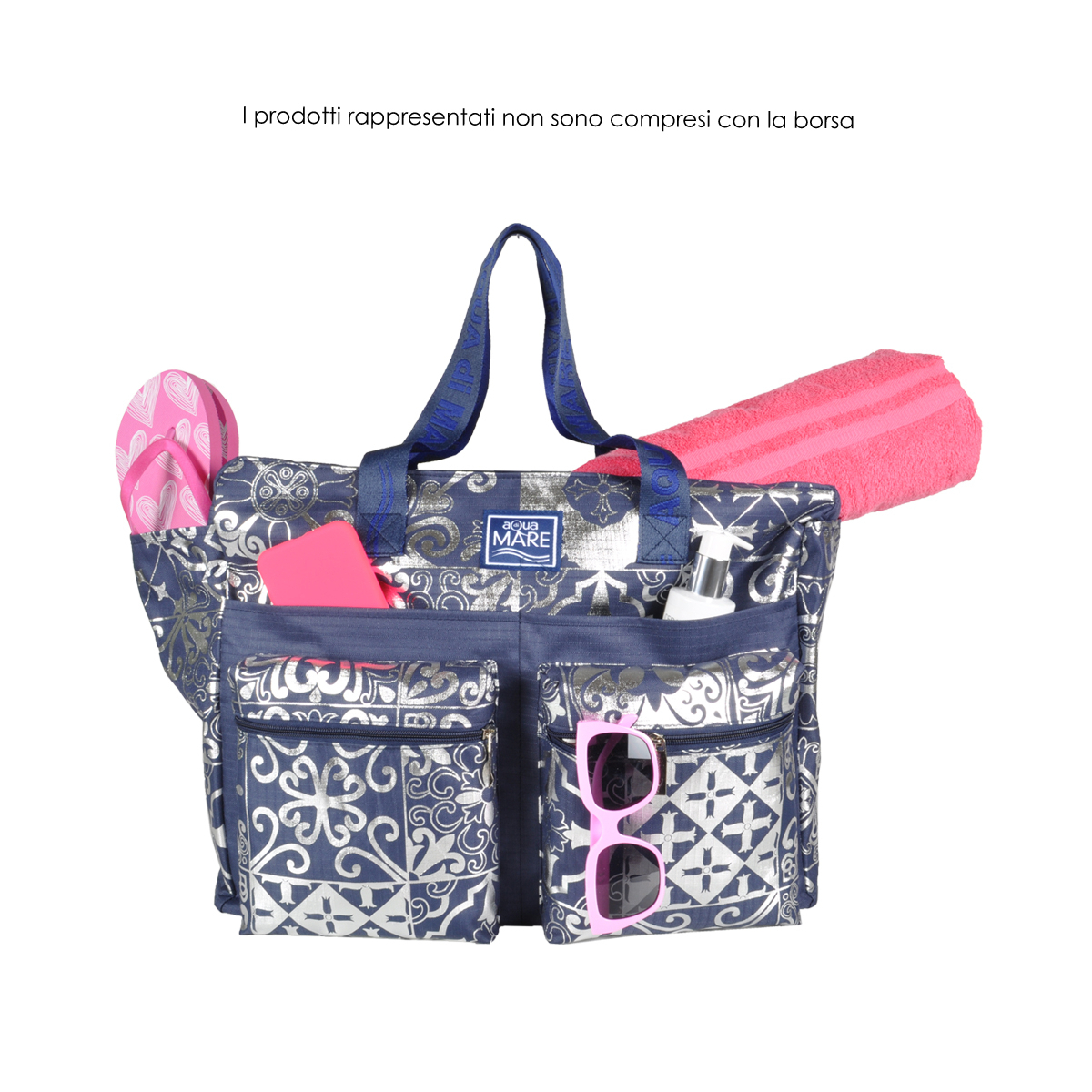 BORSA MARE RIB STOP QUADRATA DIS.MAIOLICHE ARGENTO 100%PL AQUA DI MARE