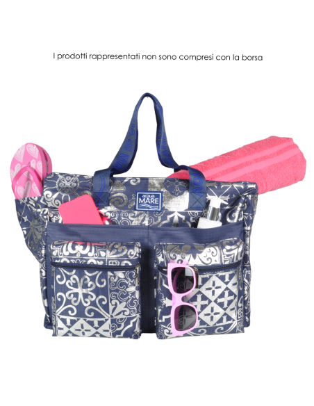 BORSA MARE RIB STOP QUADRATA DIS.MAIOLICHE ARGENTO 100%PL AQUA DI MARE