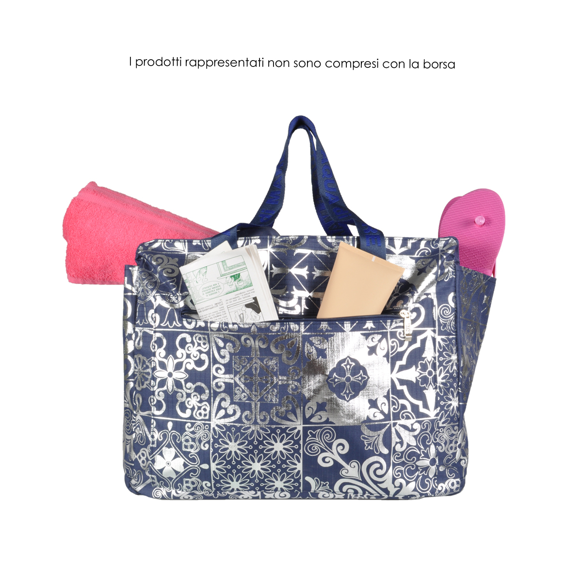 BORSA MARE RIB STOP QUADRATA DIS.MAIOLICHE ARGENTO 100%PL AQUA DI MARE