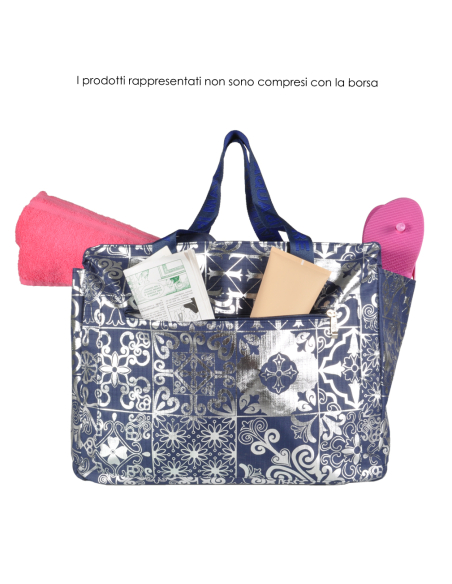 BORSA MARE RIB STOP QUADRATA DIS.MAIOLICHE ARGENTO 100%PL AQUA DI MARE
