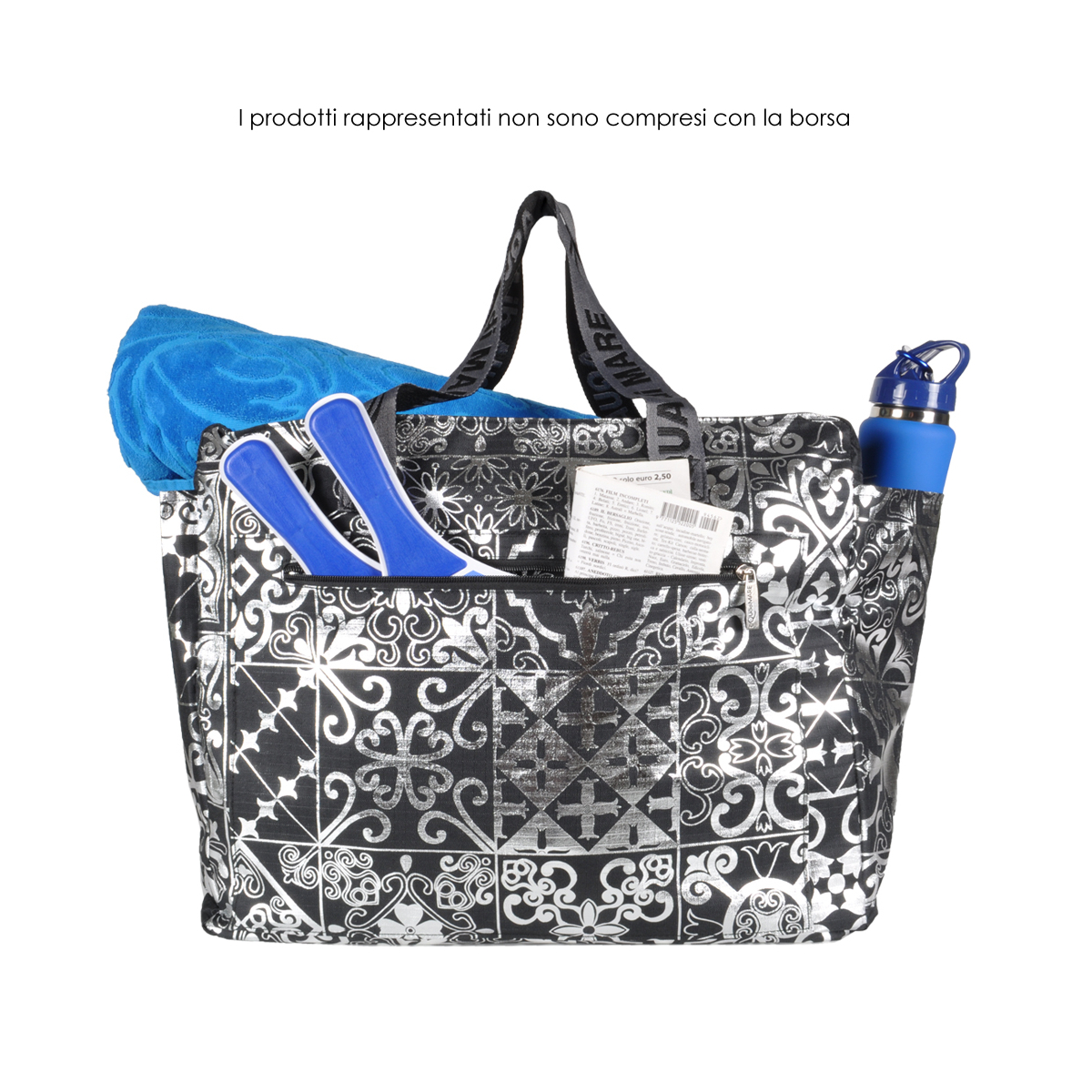 BORSA MARE RIB STOP QUADRATA DIS.MAIOLICHE ARGENTO 100%PL AQUA DI MARE