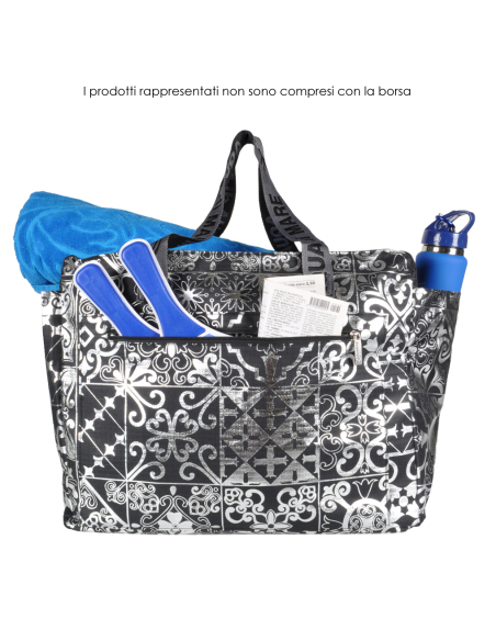 BORSA MARE RIB STOP QUADRATA DIS.MAIOLICHE ARGENTO 100%PL AQUA DI MARE