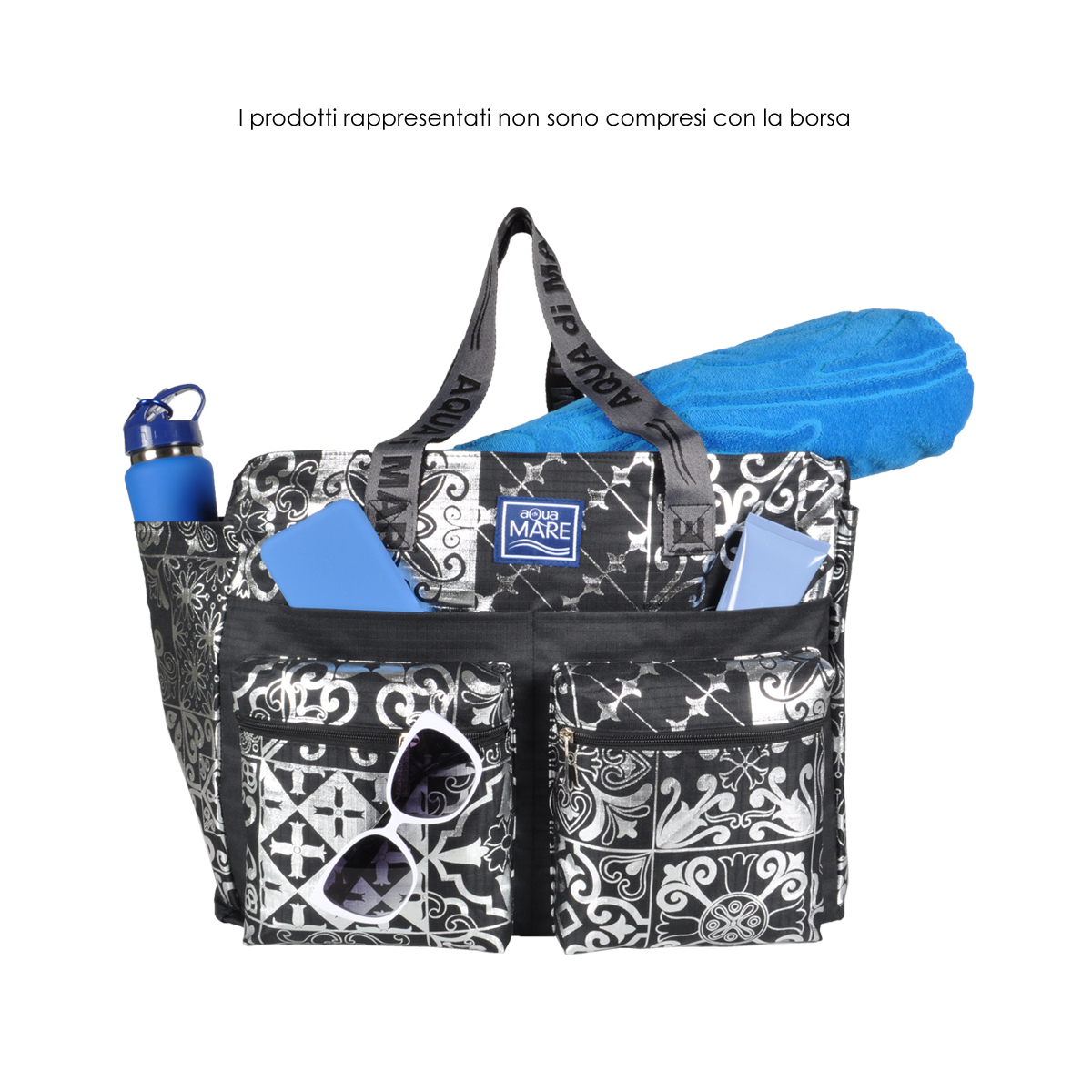 BORSA MARE RIB STOP QUADRATA DIS.MAIOLICHE ARGENTO 100%PL AQUA DI MARE