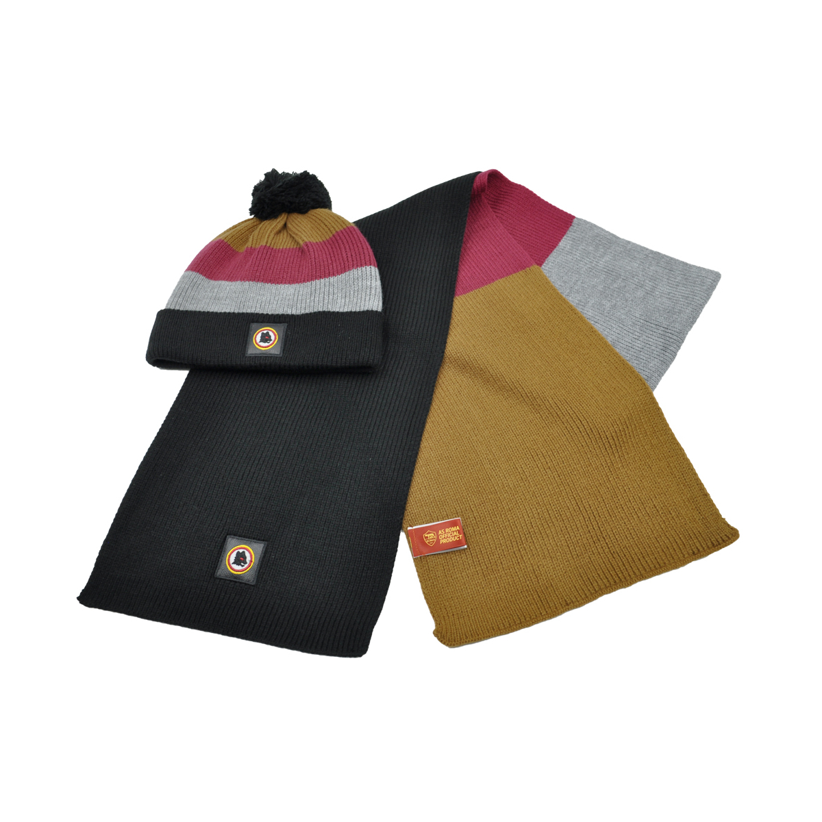 SET CAPPELLO PONPON E SCIARPA RIGHE PATCH PELLE RICAMO 100%PC ROMA