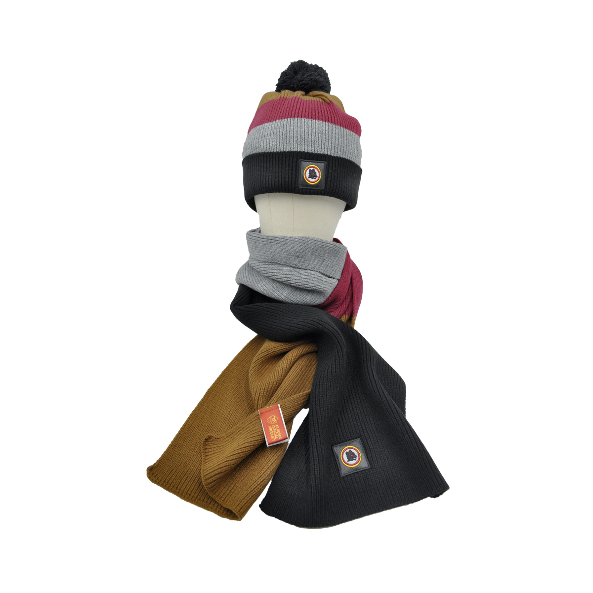 SET CAPPELLO PONPON E SCIARPA RIGHE PATCH PELLE RICAMO 100%PC ROMA