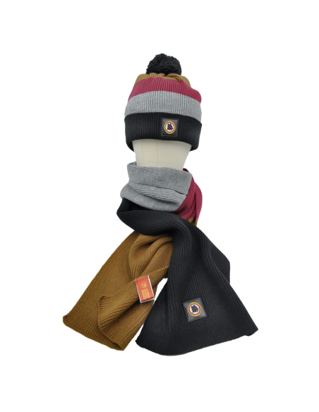 SET CAPPELLO PONPON E SCIARPA RIGHE PATCH PELLE RICAMO 100%PC ROMA