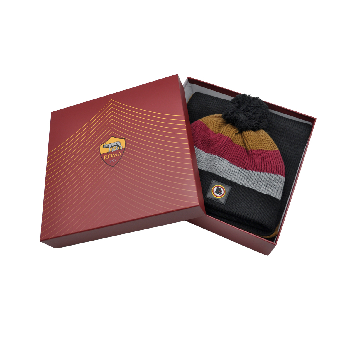 SET CAPPELLO PONPON E SCIARPA RIGHE PATCH PELLE RICAMO 100%PC ROMA