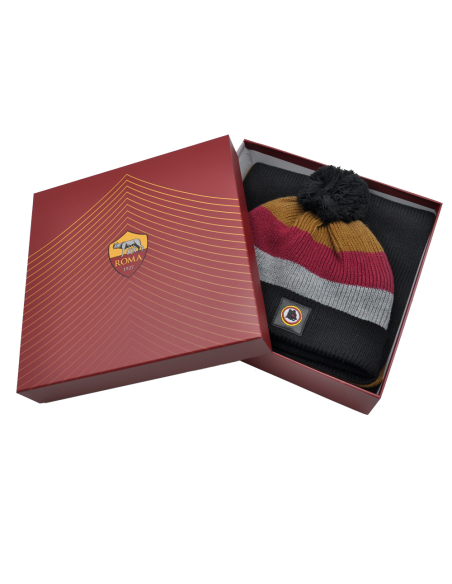 SET CAPPELLO PONPON E SCIARPA RIGHE PATCH PELLE RICAMO 100%PC ROMA