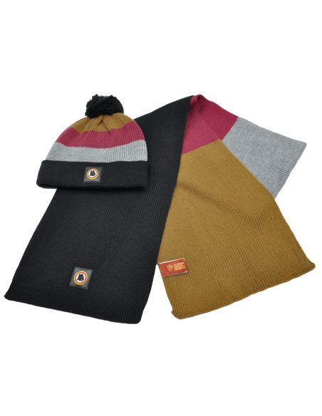 SET CAPPELLO PONPON E SCIARPA RIGHE PATCH PELLE RICAMO 100%PC ROMA