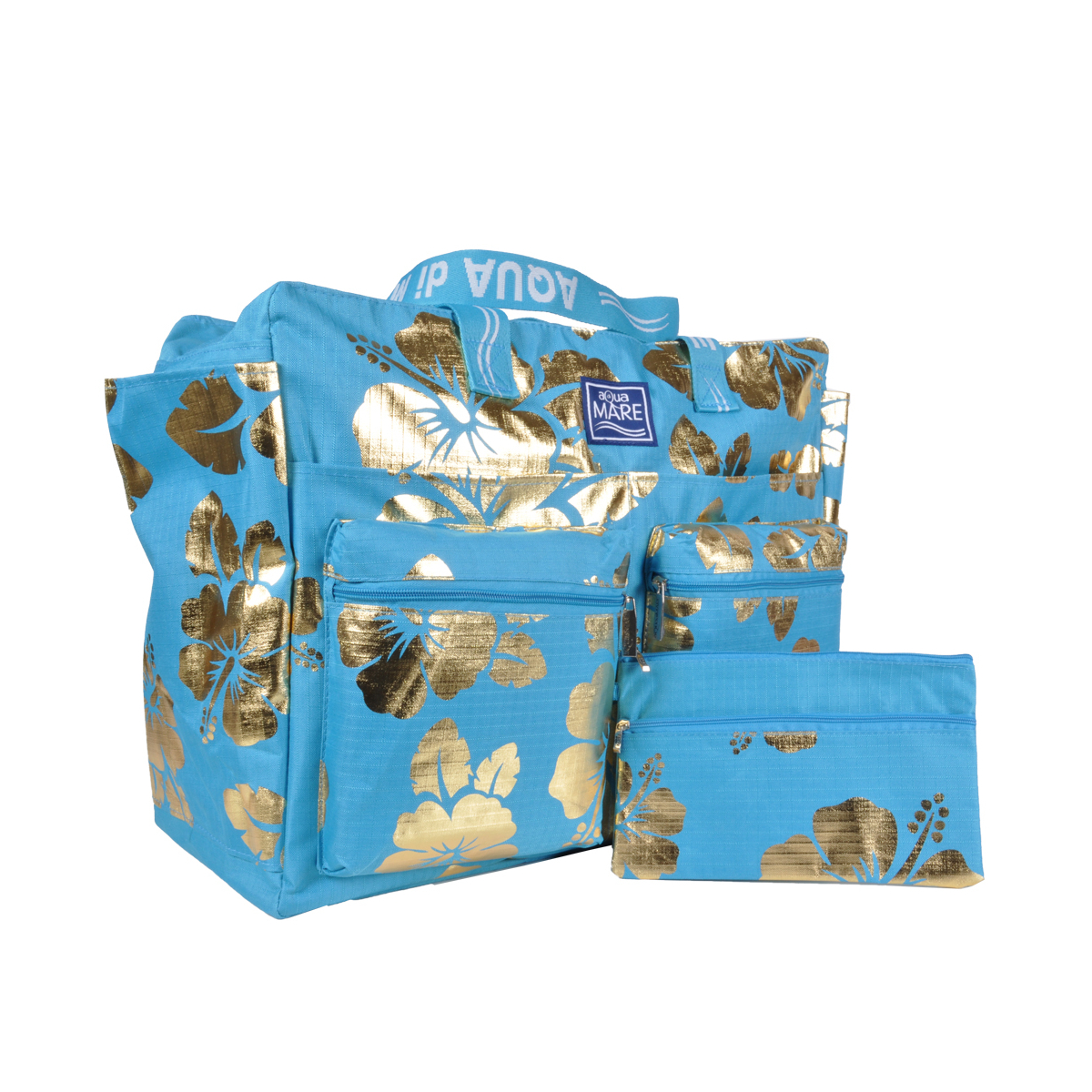 BORSA MARE RIB STOP QUADRATA IBISCUS METAL 100%PL AQUA DI MARE