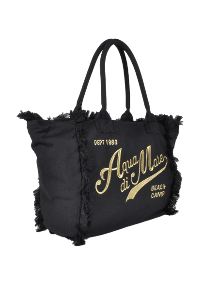 BORSA CON FRANGE E RICAMO ORO GRANDE 100%PL AQUA DI MARE