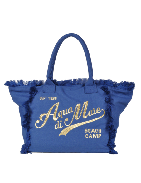 BORSA CON FRANGE E RICAMO ORO GRANDE 100%PL AQUA DI MARE