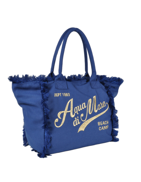 BORSA CON FRANGE E RICAMO ORO GRANDE 100%PL AQUA DI MARE