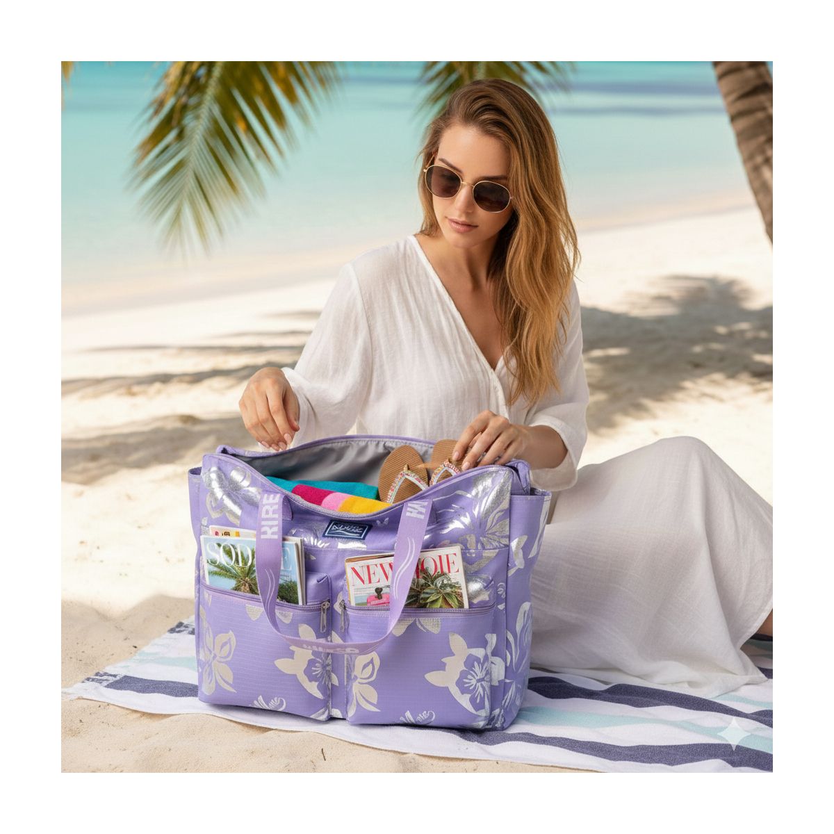 BORSA MARE RIB STOP QUADRATA IBISCUS METAL 100%PL AQUA DI MARE