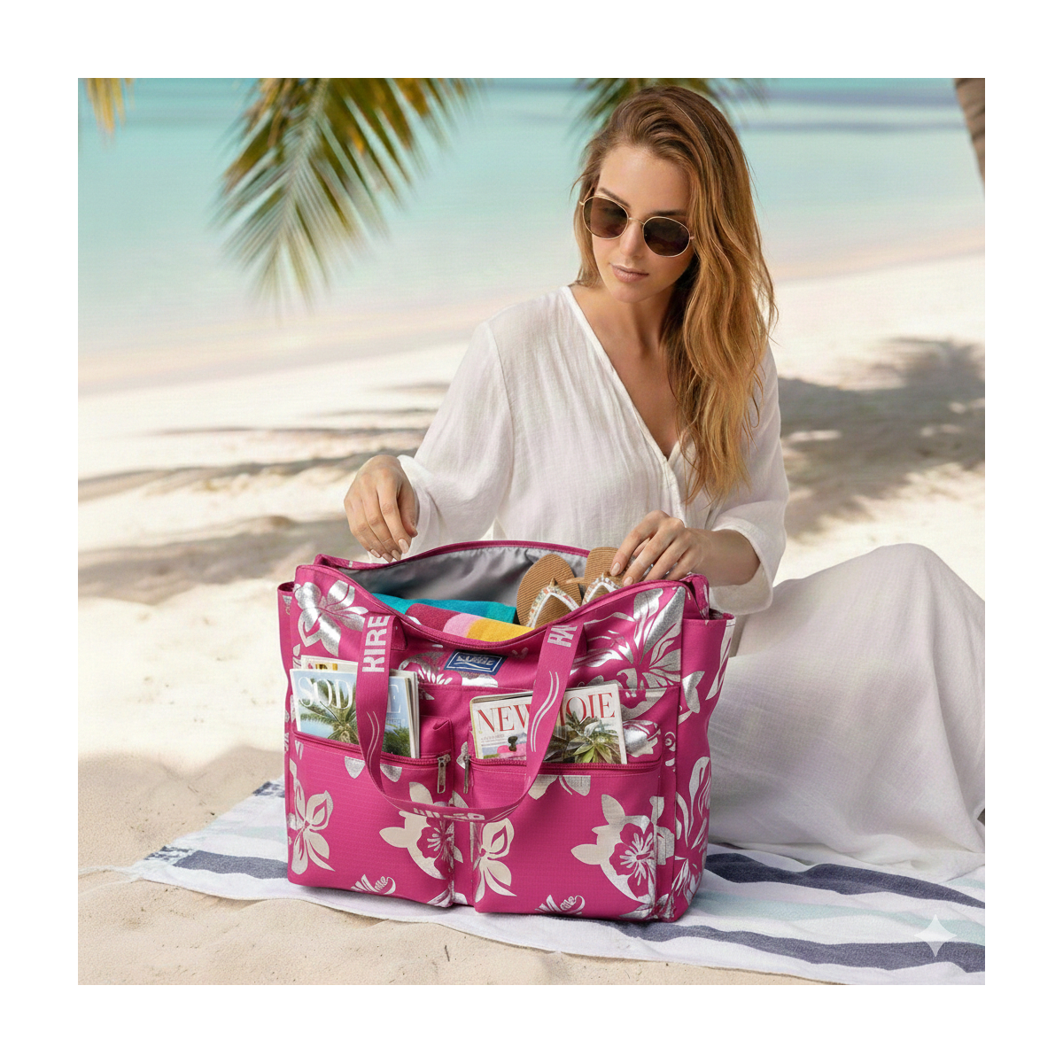 BORSA MARE RIB STOP QUADRATA IBISCUS METAL 100%PL AQUA DI MARE