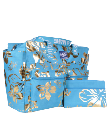 BORSA MARE RIB STOP QUADRATA IBISCUS METAL 100%PL AQUA DI MARE