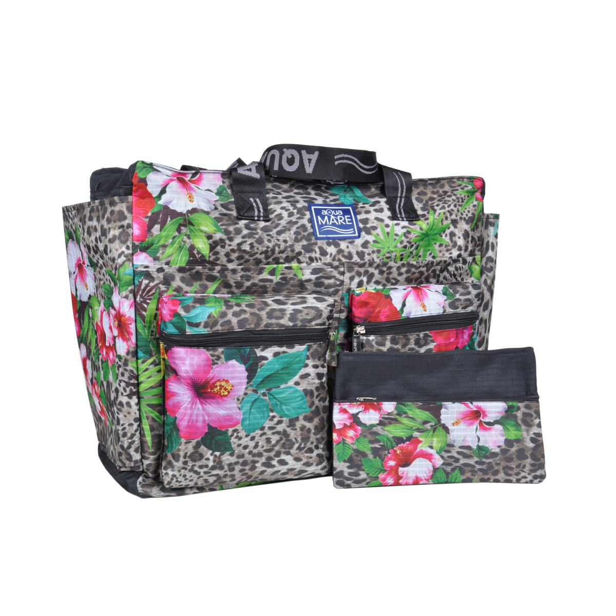 BORSA MARE RIB STOP QUADRATA FANTASIA MACULATA E FIORI 100% PL AQUA DI MARE