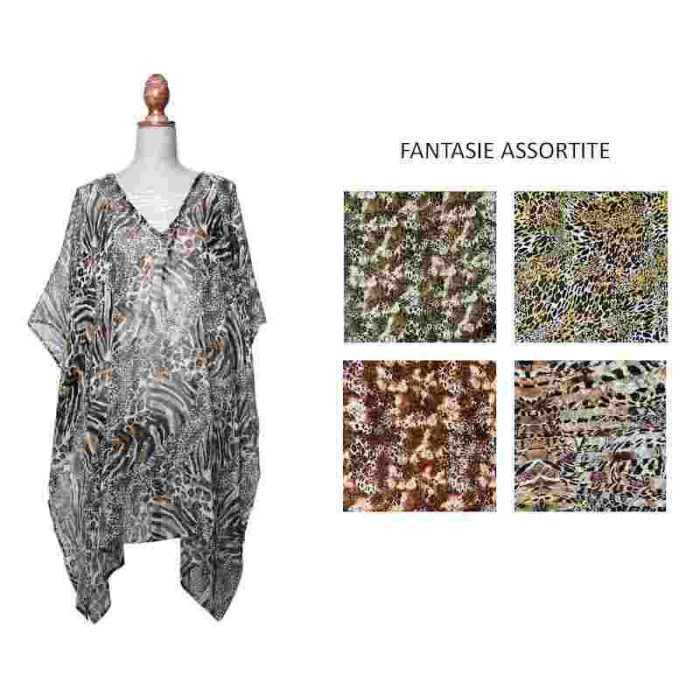 Kaftano Basico Chiffon 100% Pl Corto Fantasia Maculata Strass Aqua Di Mare - Imma Italy